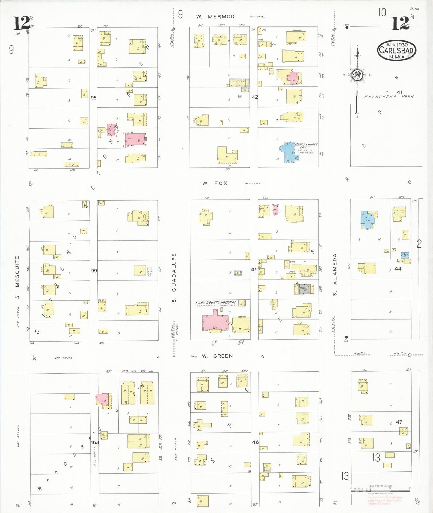 Sanborn Fire Insurance Map from Carlsbad, Eddy County, New Mexico (1930), Sheet #0012 - Complete Map Set gallery image, historic Sanborn map, vintage wall art, New Mexico New Mexico