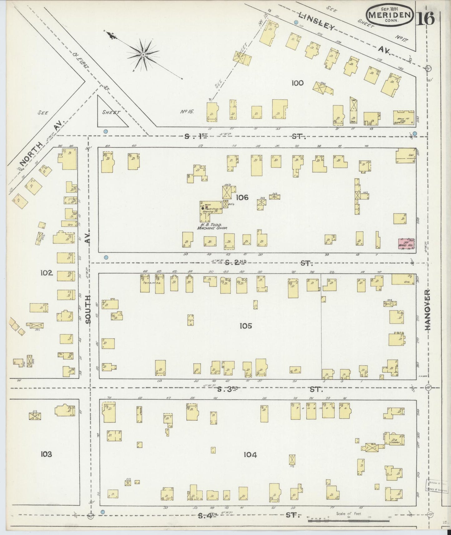Sanborn Fire Insurance Map from Meriden, New Haven County, Connecticut (1891), Sheet #0016 - Complete Map Set gallery image, historic Sanborn map, vintage wall art, Connecticut Connecticut