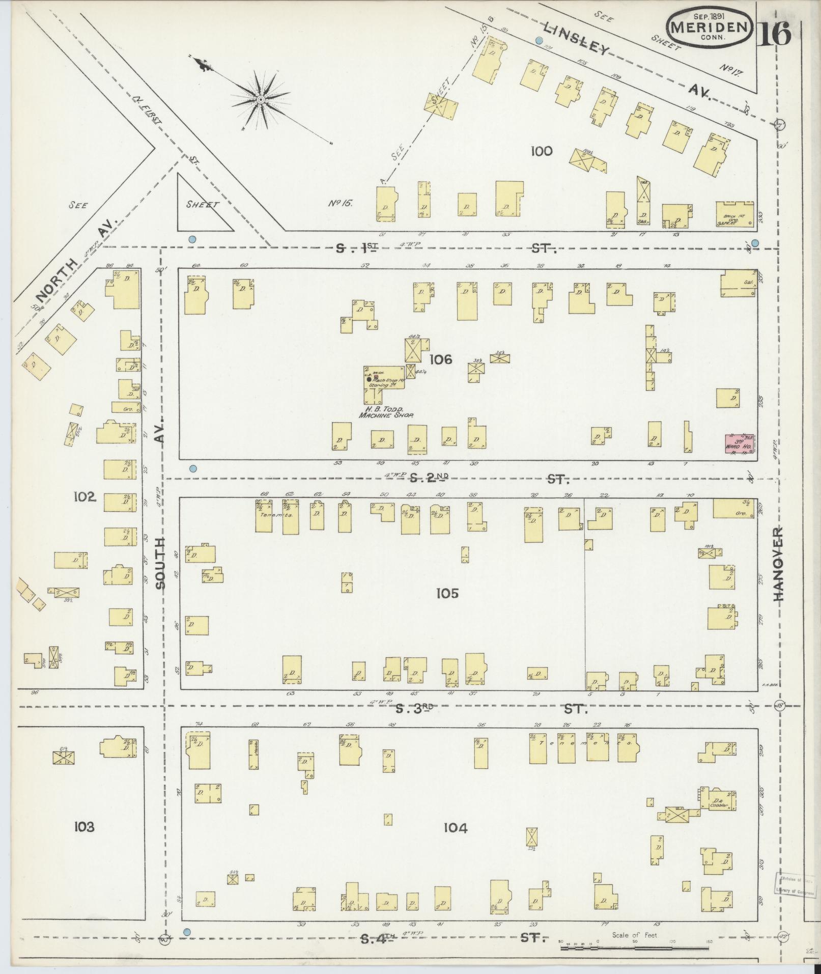 Sanborn Fire Insurance Map from Meriden, New Haven County, Connecticut (1891), Sheet #0016 - Complete Map Set gallery image, historic Sanborn map, vintage wall art, Connecticut Connecticut