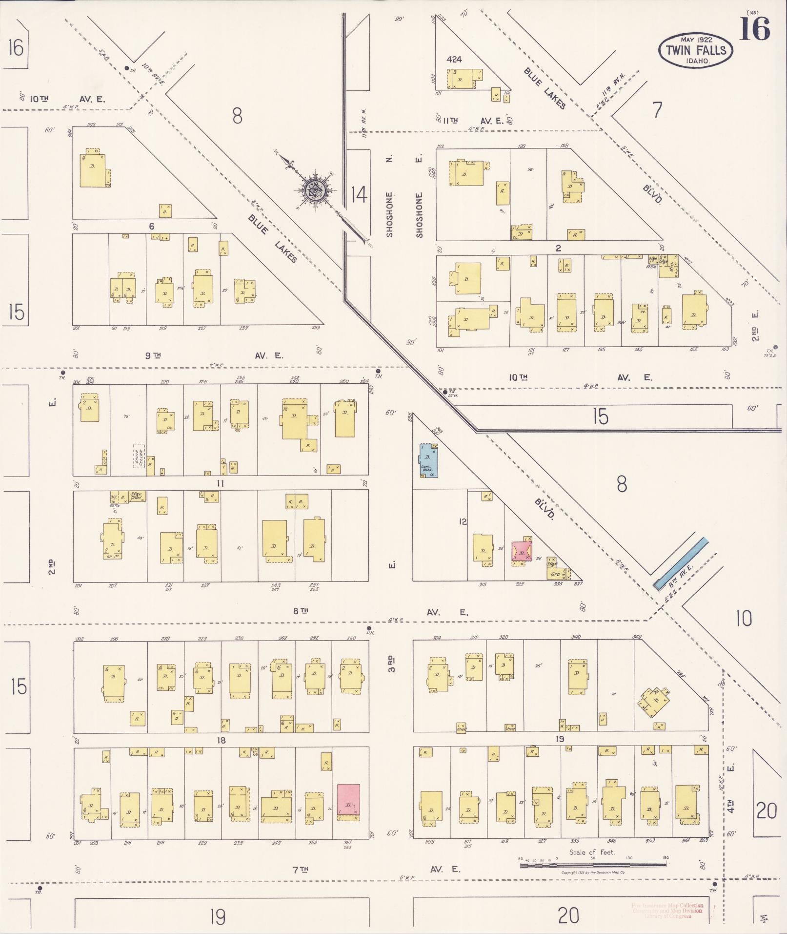 Sanborn Fire Insurance Map from Twin Falls, Twin Falls County, Idaho (1922), Sheet #0016 - Complete Map Set gallery image, historic Sanborn map, vintage wall art, Falls Idaho
