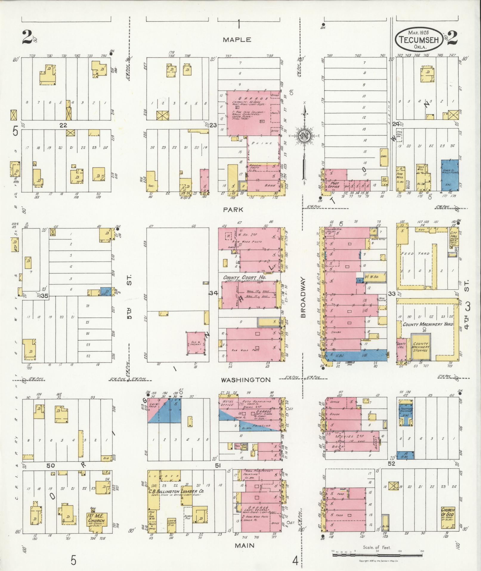 Sanborn Fire Insurance Map from Tecumseh, Pottawatomie County, Oklahoma (1926), Sheet #0002 - Complete Map Set gallery image, historic Sanborn map, vintage wall art, Oklahoma Oklahoma