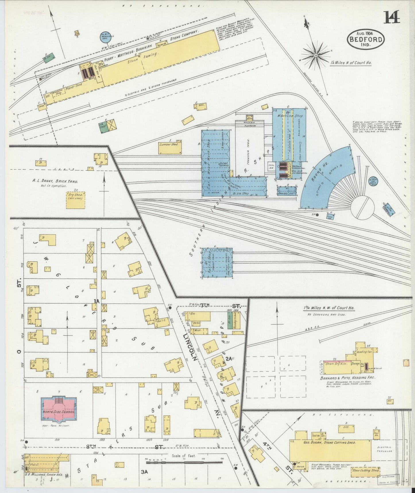 Sanborn Fire Insurance Map from Bedford, Lawrence County, Indiana (1904), Sheet #0014 - Historic Sanborn Fire Insurance Map Print, vintage old map wall art, antique decor, genealogy gift, Indiana Indiana map