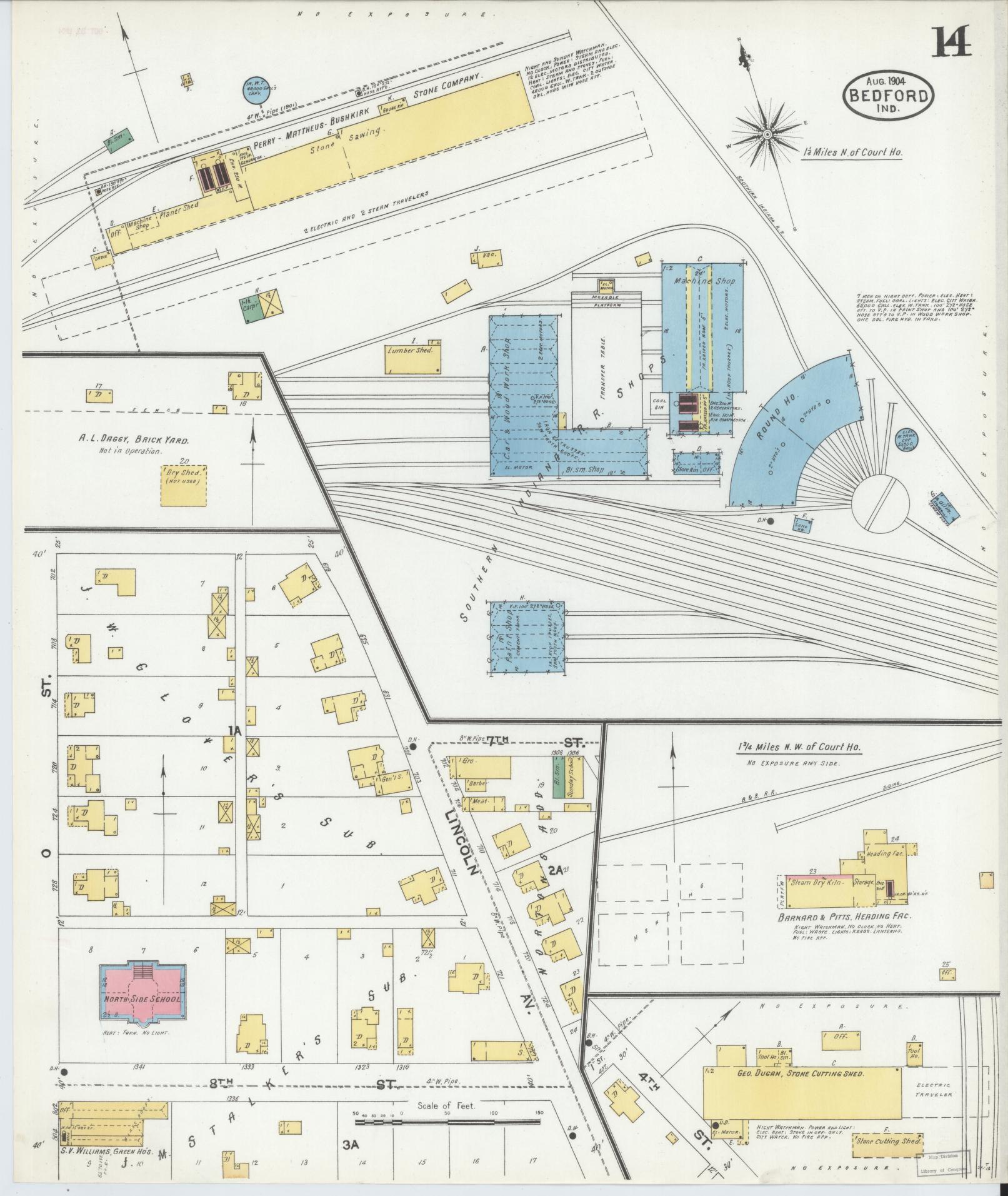 Sanborn Fire Insurance Map from Bedford, Lawrence County, Indiana (1904), Sheet #0014 - Historic Sanborn Fire Insurance Map Print, vintage old map wall art, antique decor, genealogy gift, Indiana Indiana map