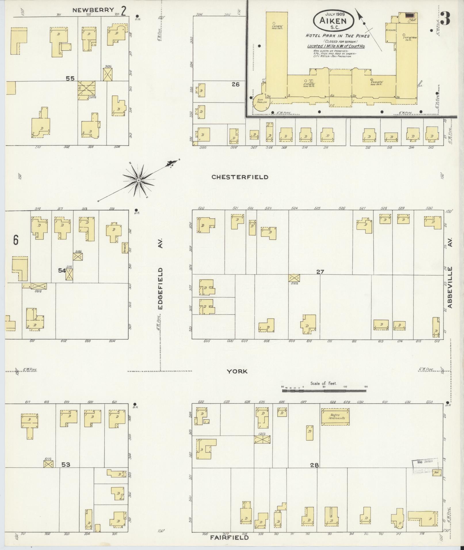 Sanborn Fire Insurance Map from Aiken, Aiken County, South Carolina (1909), Sheet #0003 - Historic Sanborn Fire Insurance Map Print, vintage old map wall art, antique decor, genealogy gift, South Carolina South Carolina map