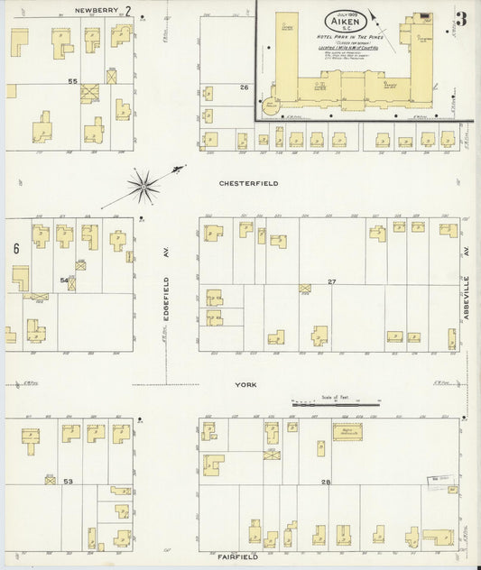 Sanborn Fire Insurance Map from Aiken, Aiken County, South Carolina (1909), Sheet #0003 - Historic Sanborn Fire Insurance Map Print, vintage old map wall art, antique decor, genealogy gift, South Carolina South Carolina map