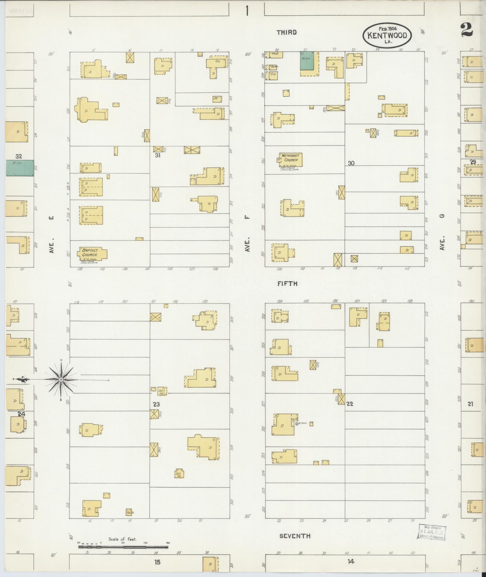 Sanborn Fire Insurance Map from Kentwood, Tangipahoa Parish, Louisiana (1904), Sheet #0002 - Historic Sanborn Fire Insurance Map Print, vintage old map wall art, antique decor, genealogy gift, Louisiana Louisiana map