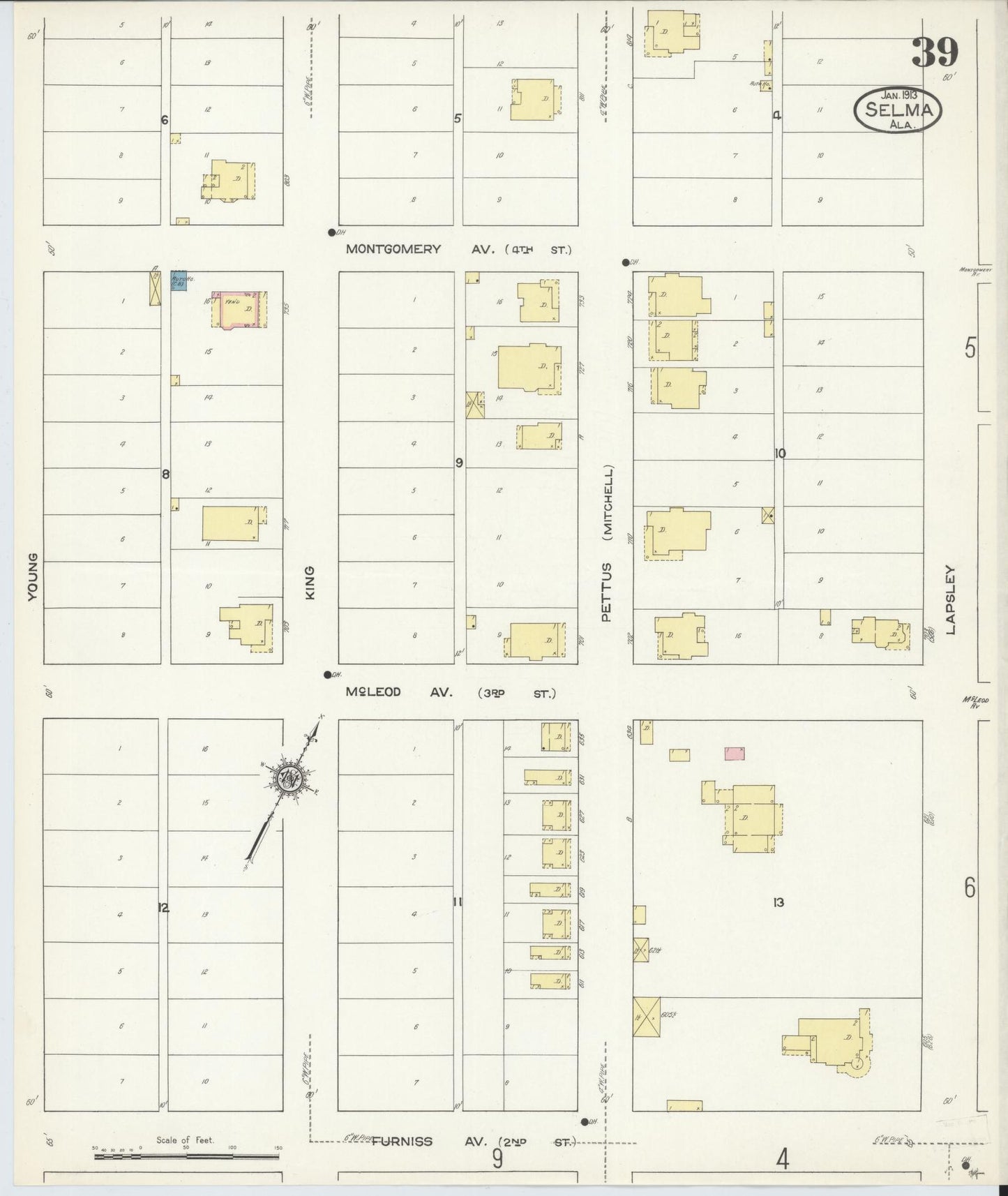 Sanborn Fire Insurance Map from Selma, Dallas County, Alabama (1913), Sheet #0039 - Historic Sanborn Fire Insurance Map Print, vintage old map wall art, antique decor, genealogy gift, Alabama Alabama map