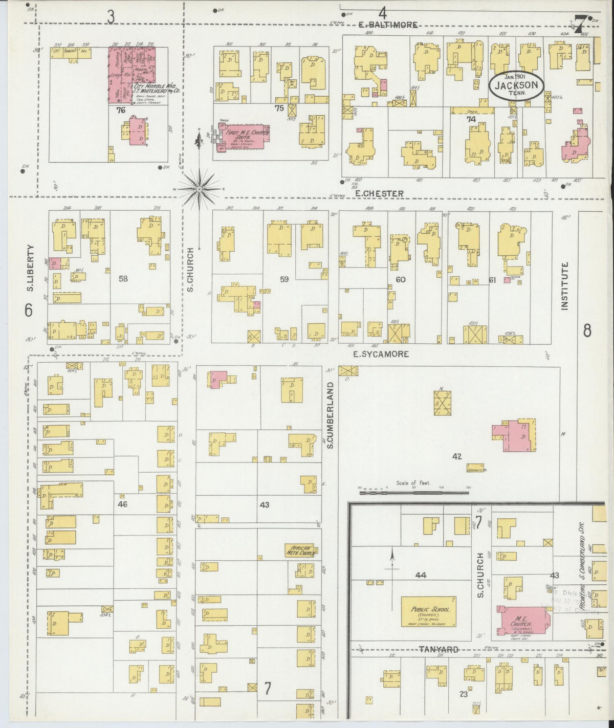 Sanborn Fire Insurance Map from Jackson, Madison County, Tennessee (1901), Sheet #0007 - Complete Map Set gallery image, historic Sanborn map, vintage wall art, Tennessee Tennessee