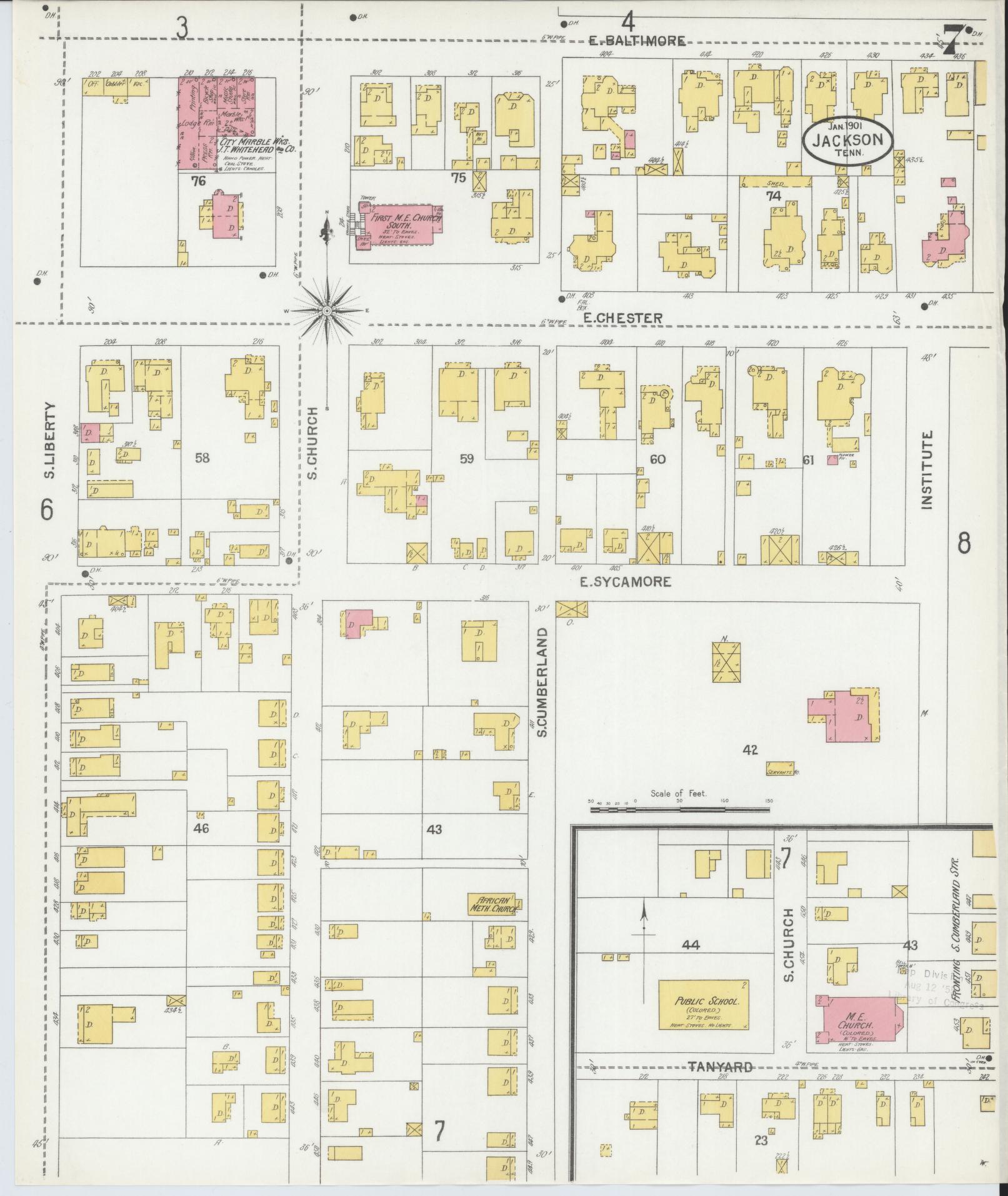 Sanborn Fire Insurance Map from Jackson, Madison County, Tennessee (1901), Sheet #0007 - Complete Map Set gallery image, historic Sanborn map, vintage wall art, Tennessee Tennessee