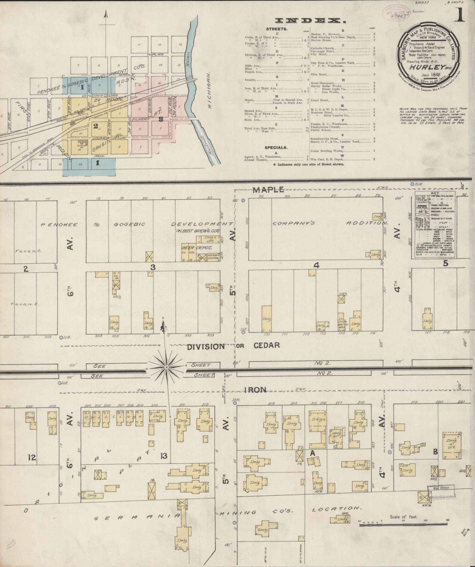 Sanborn Fire Insurance Map from Hurley, Iron County, Wisconsin (1888), Sheet #0001 - Historic Sanborn Fire Insurance Map Print, vintage old map wall art, antique decor, genealogy gift, Wisconsin Wisconsin map