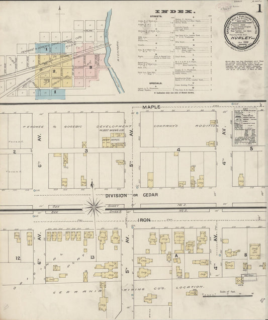 Sanborn Fire Insurance Map from Hurley, Iron County, Wisconsin (1888), Sheet #0001 - Historic Sanborn Fire Insurance Map Print, vintage old map wall art, antique decor, genealogy gift, Wisconsin Wisconsin map