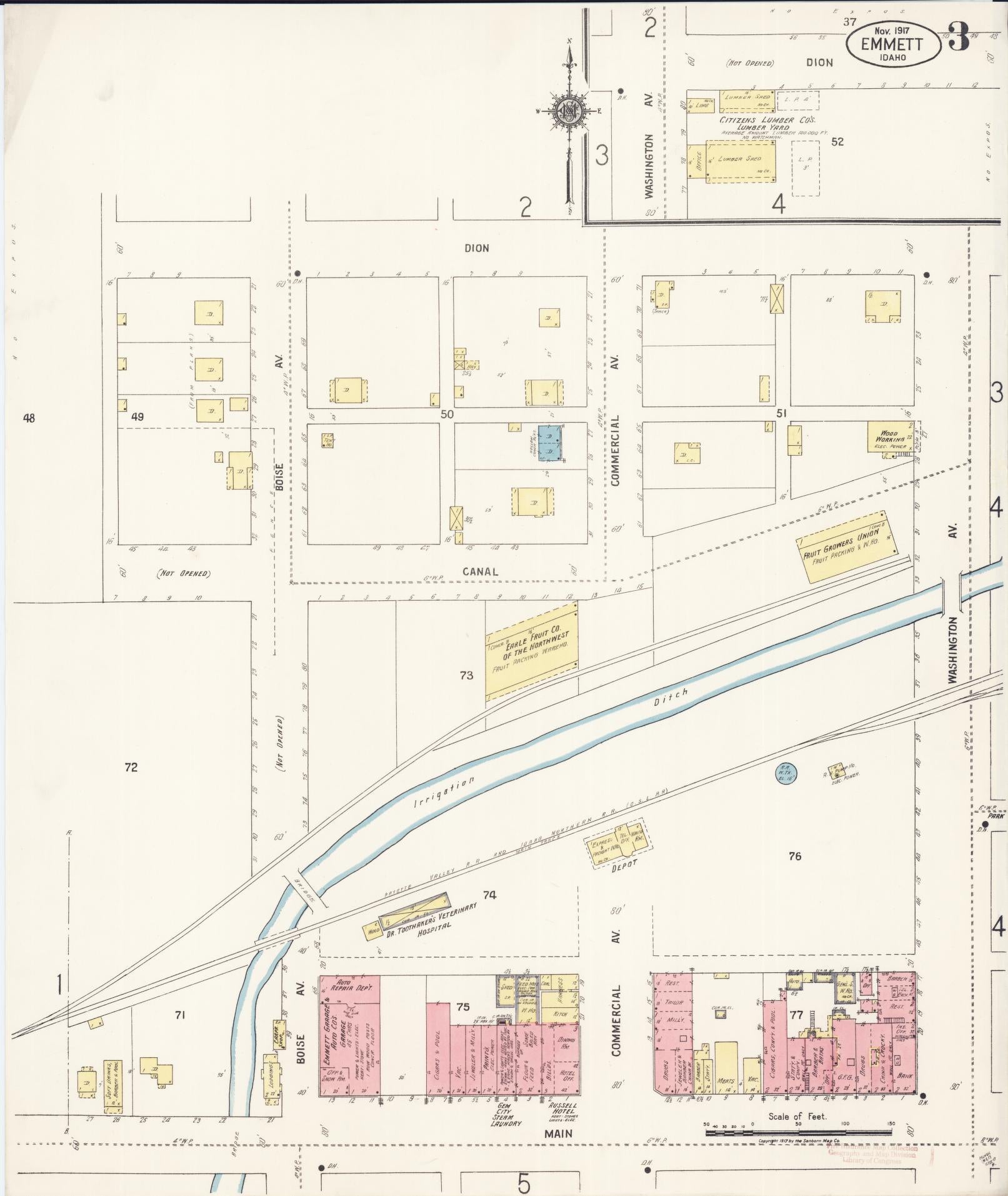 Sanborn Fire Insurance Map from Emmett, Gem County, Idaho (1917), Sheet #0003 - Complete Map Set gallery image, historic Sanborn map, vintage wall art, Idaho Idaho
