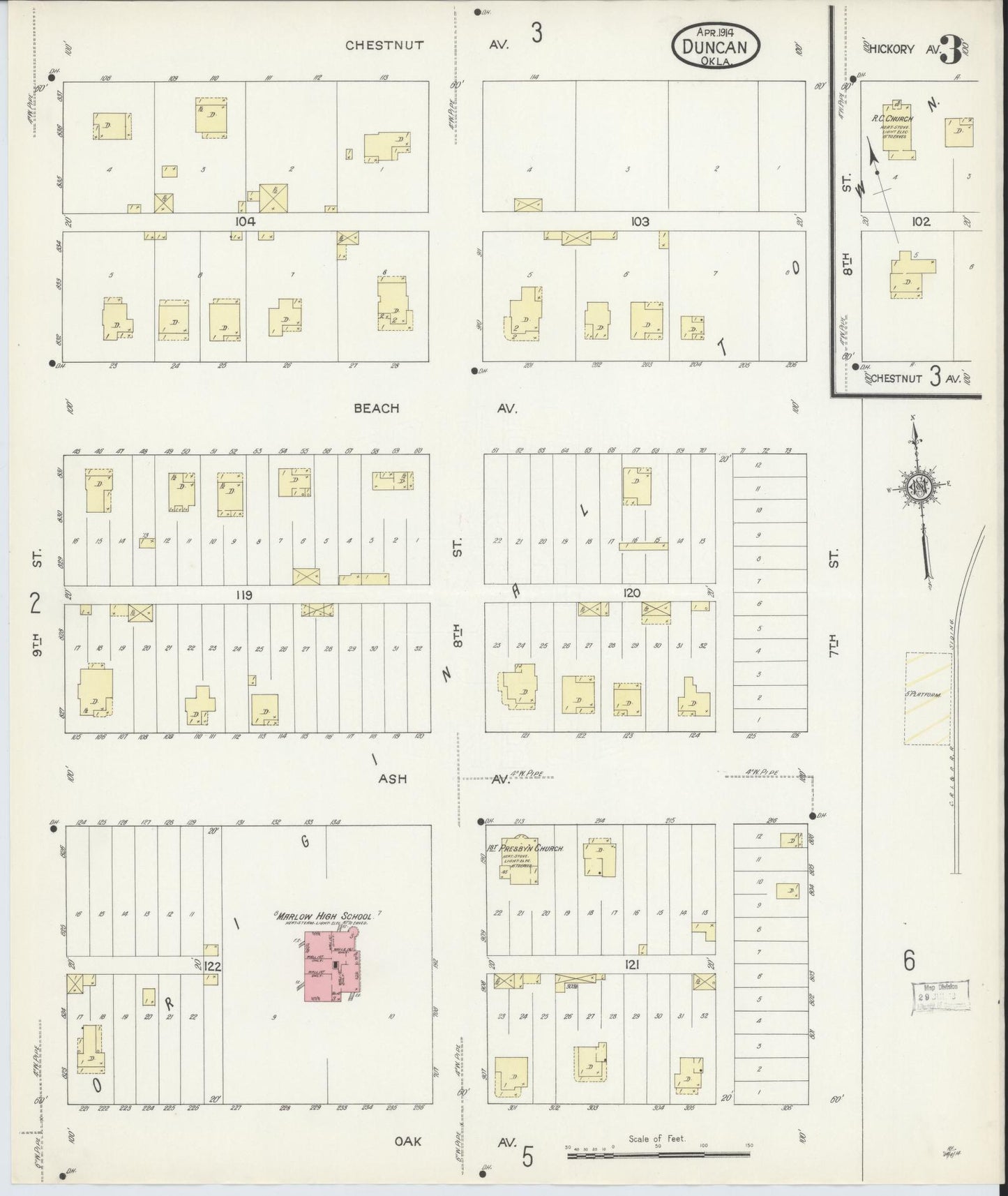 Sanborn Fire Insurance Map from Duncan, Stephens County, Oklahoma (1914), Sheet #0003 - Historic Sanborn Fire Insurance Map Print, vintage old map wall art, antique decor, genealogy gift, Oklahoma Oklahoma map