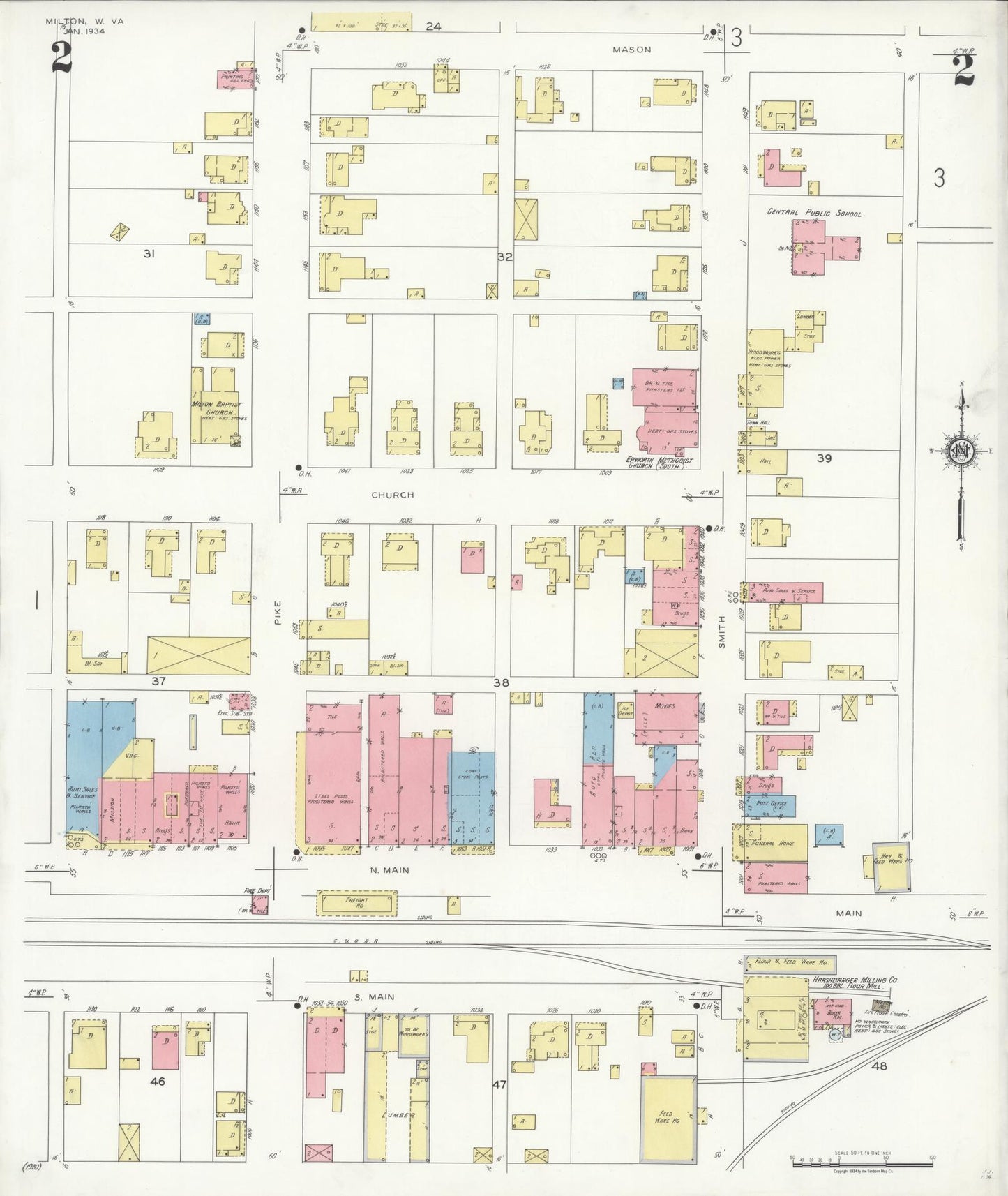 Sanborn Fire Insurance Map from Milton, Cabell County, West Virginia (1934), Sheet #0002 - Historic Sanborn Fire Insurance Map Print, vintage old map wall art, antique decor, genealogy gift, West Virginia West Virginia map