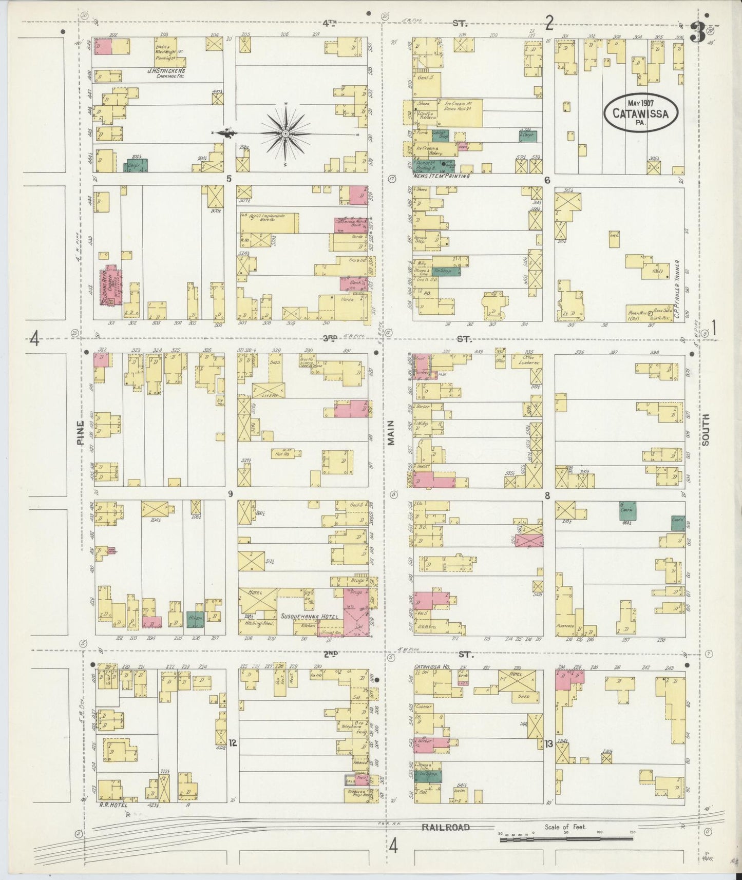 Sanborn Fire Insurance Map from Catawissa, Columbia County, Pennsylvania (1907), Sheet #0003 - Historic Sanborn Fire Insurance Map Print, vintage old map wall art, antique decor, genealogy gift, Pennsylvania Pennsylvania map