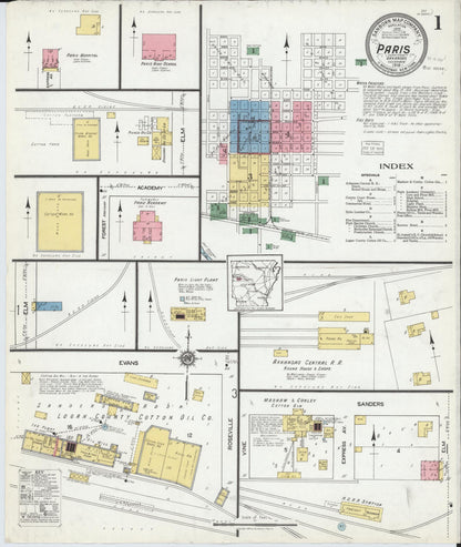 Sanborn Fire Insurance Map from Paris, Logan County, Arkansas (1918), Sheet #0001 - Complete Map Set gallery image, historic Sanborn map, vintage wall art, Arkansas Arkansas