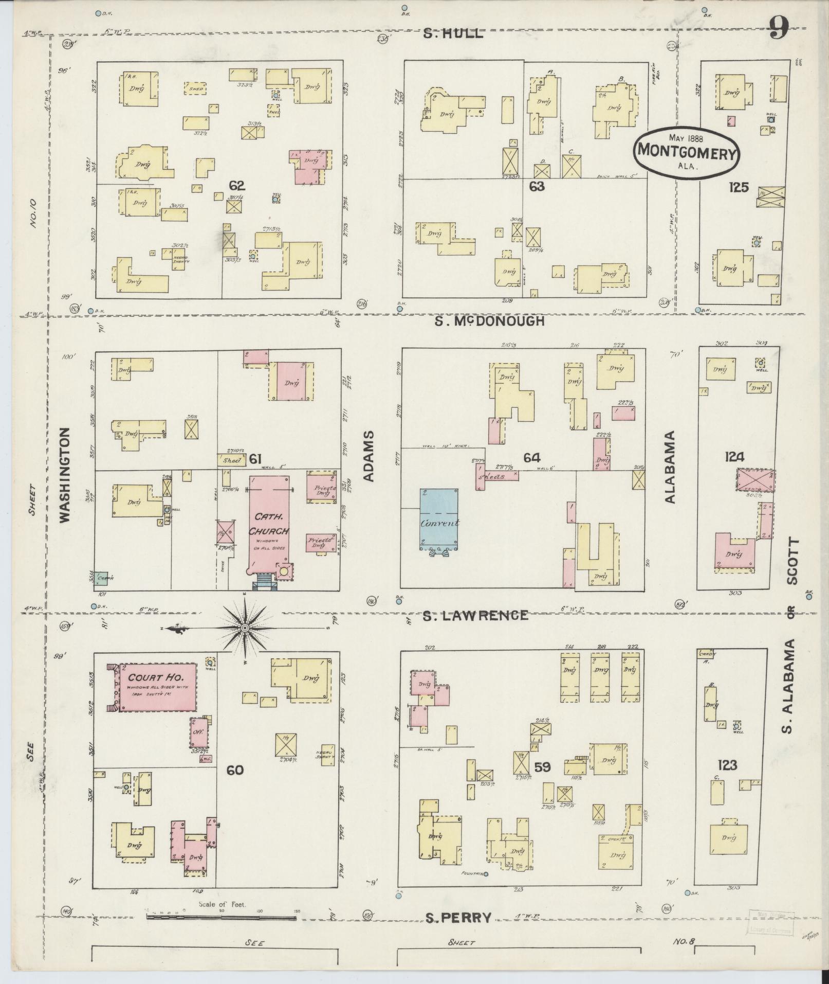 Sanborn Fire Insurance Map from Montgomery, Montgomery County, Alabama (1888), Sheet #0009 - Historic Sanborn Fire Insurance Map Print, vintage old map wall art, antique decor, genealogy gift, Alabama Alabama map