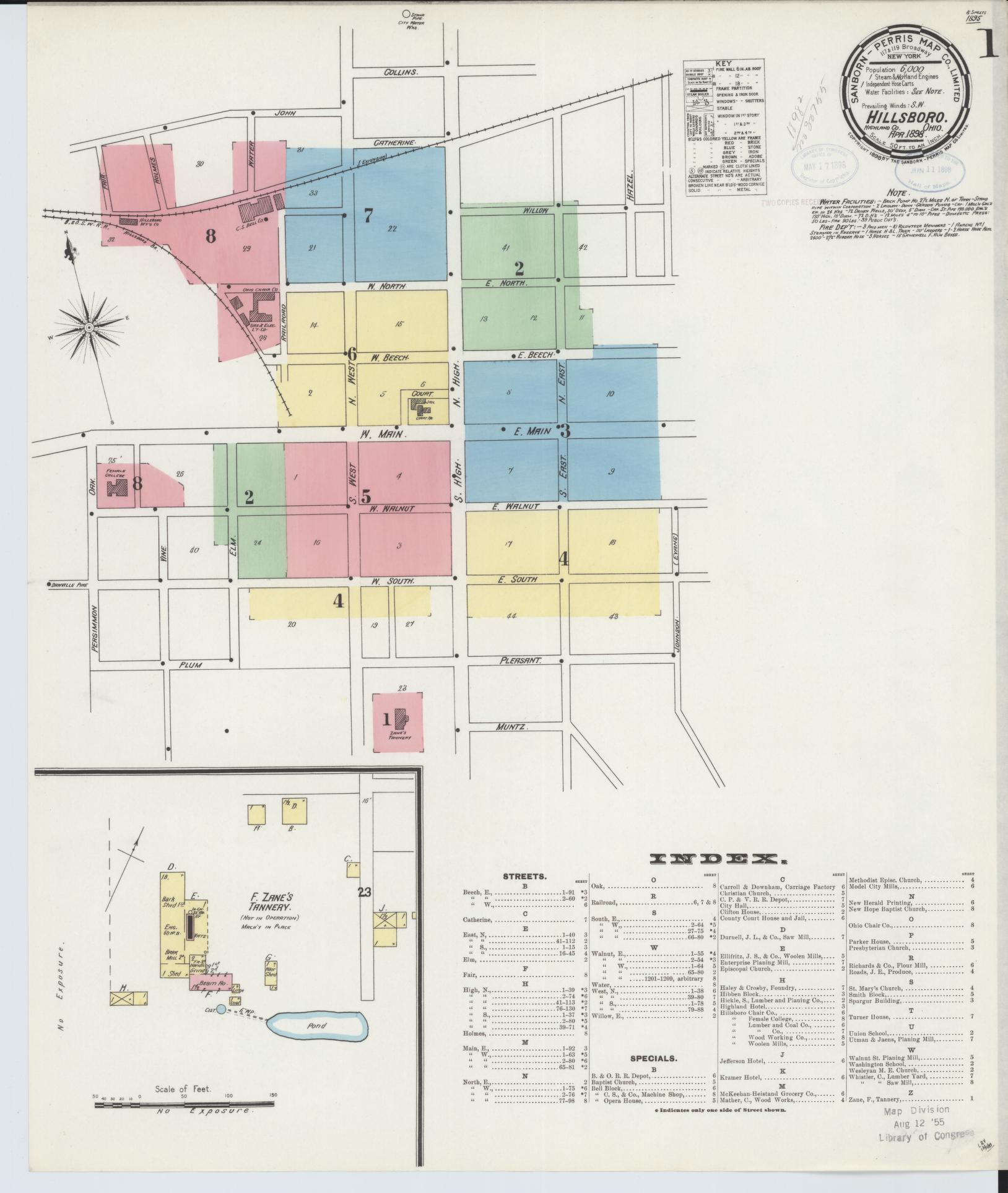 Sanborn Fire Insurance Map from Hillsboro, Highland County, Ohio (1898), Sheet #0001 - Historic Sanborn Fire Insurance Map Print, vintage old map wall art, antique decor, genealogy gift, Ohio Ohio map