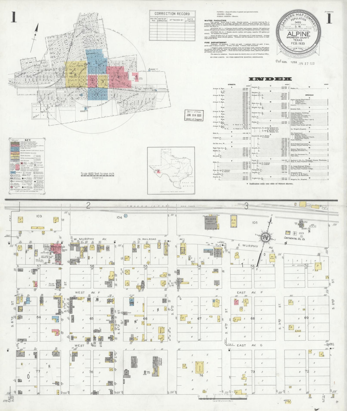 Sanborn Fire Insurance Map from Alpine, Brewster County, Texas (1933), Sheet #0001 - Complete Map Set gallery image, historic Sanborn map, vintage wall art, Texas Texas