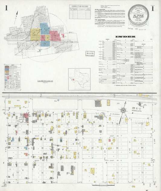 Sanborn Fire Insurance Map from Alpine, Brewster County, Texas (1933), Sheet #0001 - Complete Map Set gallery image, historic Sanborn map, vintage wall art, Texas Texas