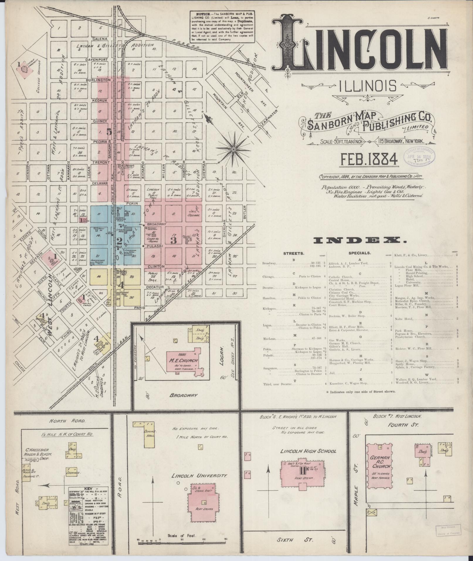 Sanborn Fire Insurance Map from Lincoln, Logan County, Illinois (1884), Sheet #0001 - Historic Sanborn Fire Insurance Map Print, vintage old map wall art, antique decor, genealogy gift, Illinois Illinois map