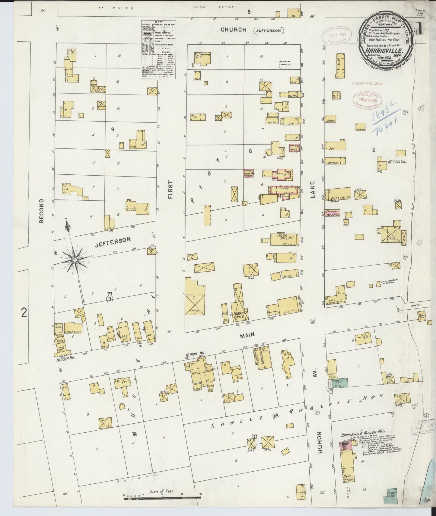 Sanborn Fire Insurance Map from Harrisville, Alcona County, Michigan (1898), Sheet #0001 - Historic Sanborn Fire Insurance Map Print, vintage old map wall art, antique decor, genealogy gift, Michigan Michigan map