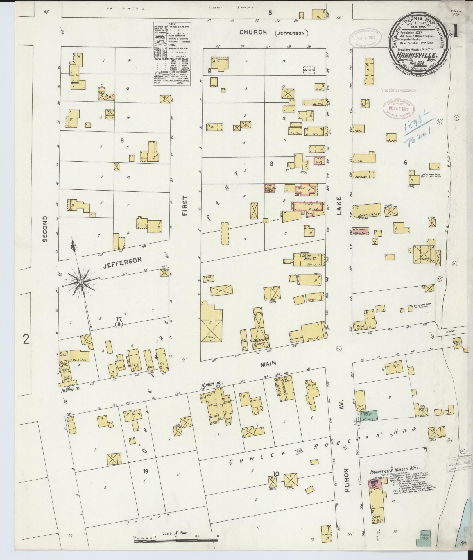 Sanborn Fire Insurance Map from Harrisville, Alcona County, Michigan (1898), Sheet #0001 - Historic Sanborn Fire Insurance Map Print, vintage old map wall art, antique decor, genealogy gift, Michigan Michigan map