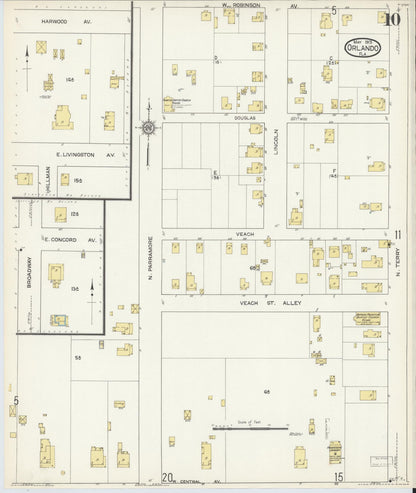 Sanborn Fire Insurance Map from Orlando, Orange County, Florida (1913), Sheet #0010 - Historic Sanborn Fire Insurance Map Print, vintage old map wall art, antique decor, genealogy gift, Florida Florida map