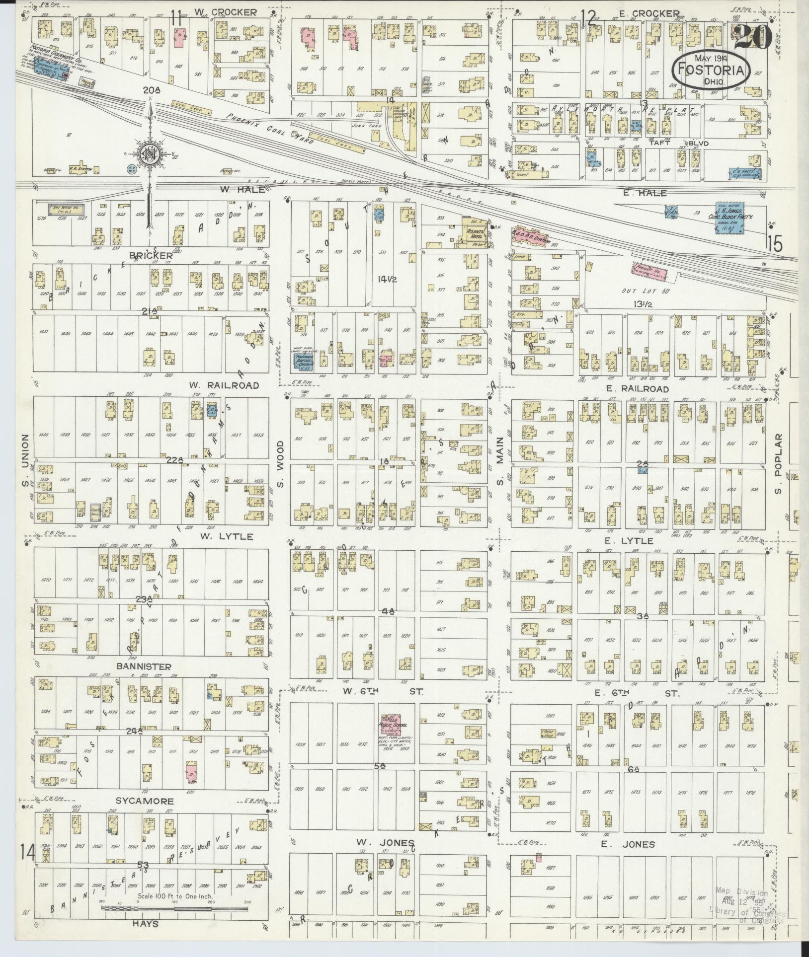 Sanborn Fire Insurance Map from Fostoria, Seneca, Hancock, And Wood Counties, Ohio (1914), Sheet #0020 - Historic Sanborn Fire Insurance Map Print, vintage old map wall art, antique decor, genealogy gift, Ohio Ohio map