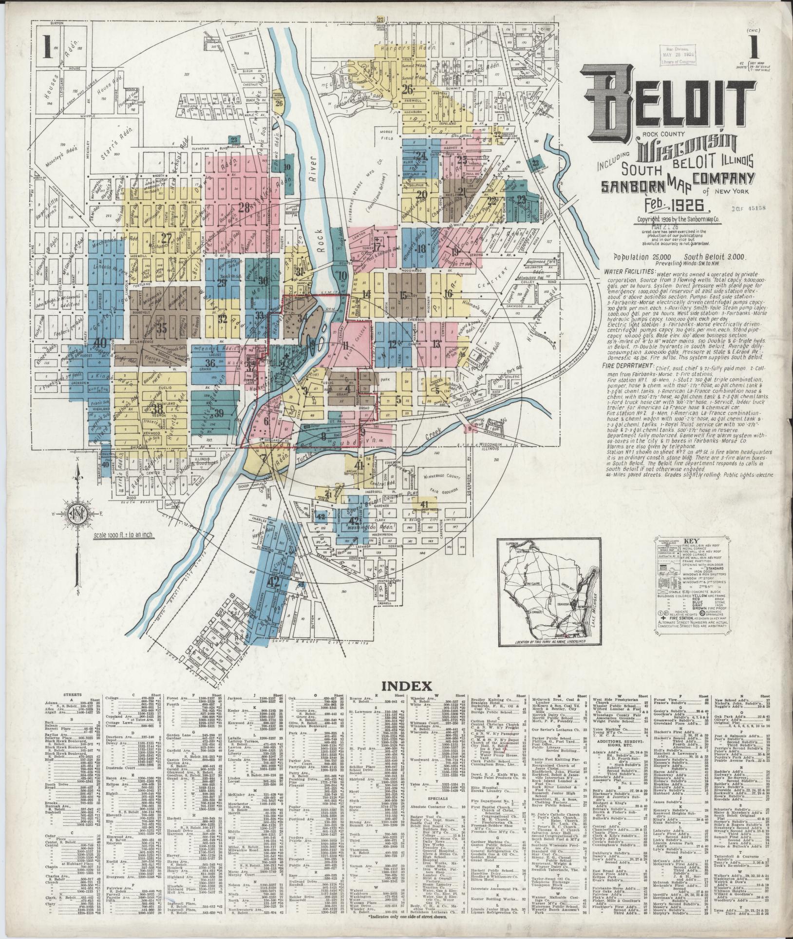 Sanborn Fire Insurance Map from Beloit, Rock County, Wisconsin (1926), Sheet #0001 - Complete Map Set gallery image, historic Sanborn map, vintage wall art, Wisconsin Wisconsin