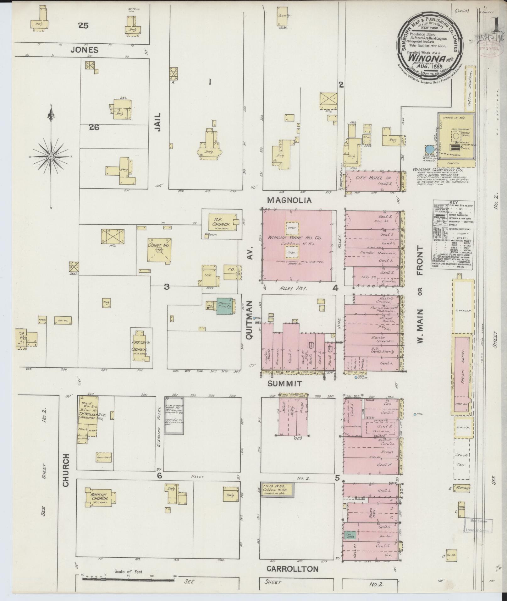 Sanborn Fire Insurance Map from Winona, Montgomery County, Mississippi (1889), Sheet #0001 - Complete Map Set gallery image, historic Sanborn map, vintage wall art, Mississippi Mississippi