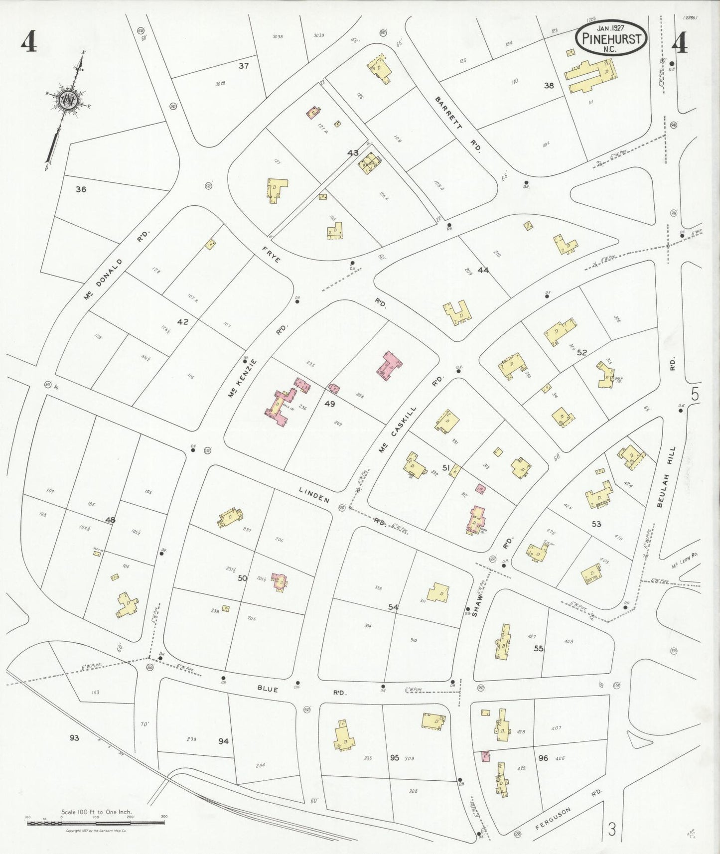 Sanborn Fire Insurance Map from Pinehurst, Moore County, North Carolina (1927), Sheet #0004 - Historic Sanborn Fire Insurance Map Print, vintage old map wall art, antique decor, genealogy gift, North Carolina North Carolina map