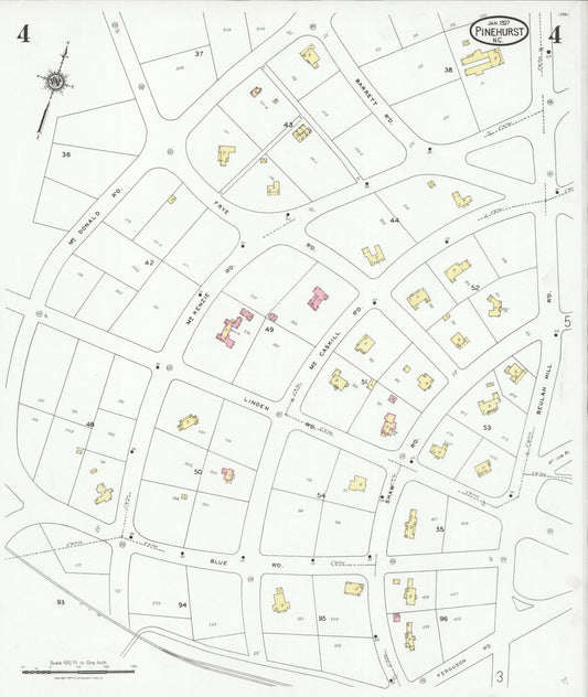 Sanborn Fire Insurance Map from Pinehurst, Moore County, North Carolina (1927), Sheet #0004 - Historic Sanborn Fire Insurance Map Print, vintage old map wall art, antique decor, genealogy gift, North Carolina North Carolina map