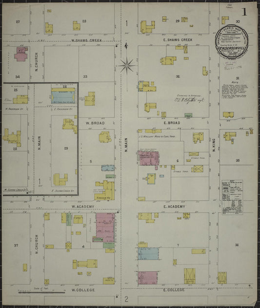 Sanborn Fire Insurance Map from Hendersonville, Henderson County, North Carolina (1896), Sheet #0001 - Complete Map Set gallery image, historic Sanborn map, vintage wall art, North Carolina North Carolina