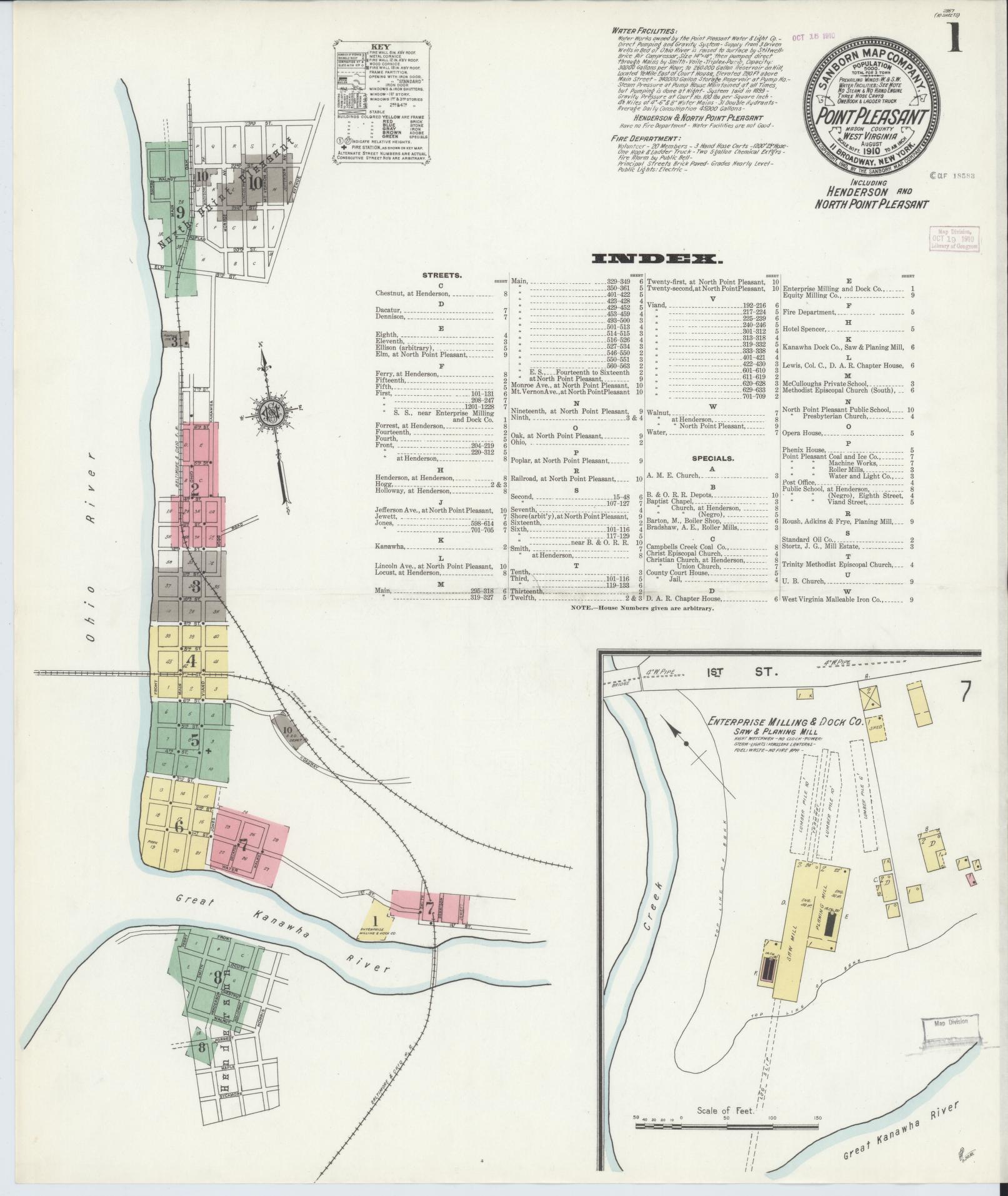 Sanborn Fire Insurance Map from Point Pleasant, Mason County, West Virginia (1910), Sheet #0001 - Complete Map Set gallery image, historic Sanborn map, vintage wall art, West Virginia West Virginia