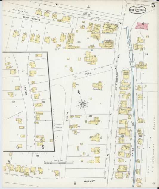Sanborn Fire Insurance Map from Hot Springs, Garland County, Arkansas (1896), Sheet #0005 - Historic Sanborn Fire Insurance Map Print, vintage old map wall art, antique decor, genealogy gift, Arkansas Arkansas map