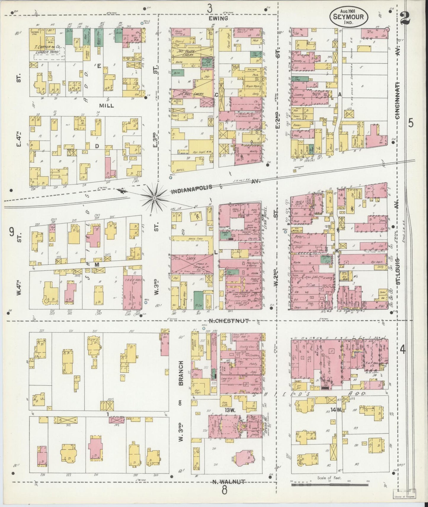 Sanborn Fire Insurance Map from Seymour, Jackson County, Indiana (1901), Sheet #0002 - Complete Map Set gallery image, historic Sanborn map, vintage wall art, Indiana Indiana