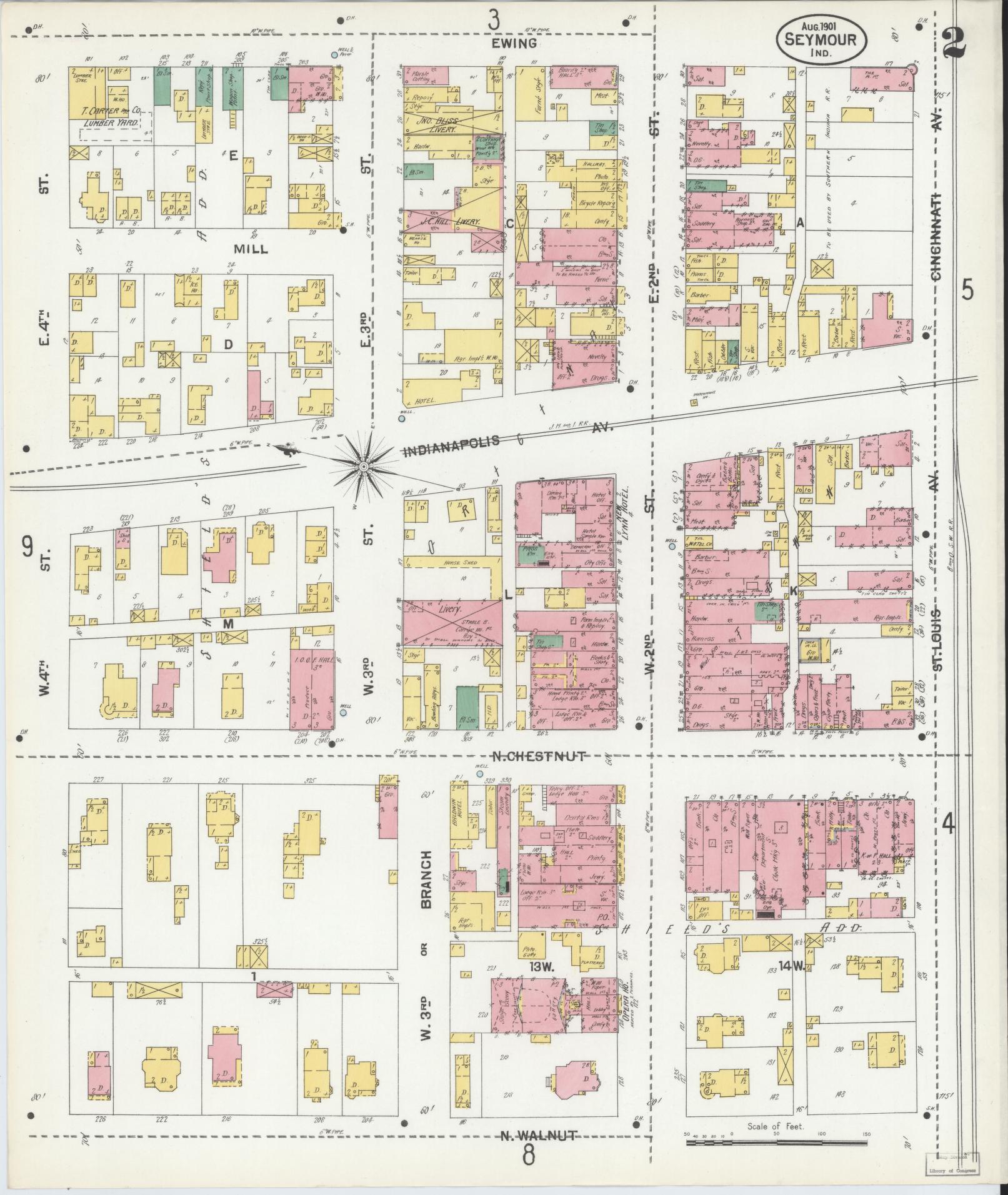 Sanborn Fire Insurance Map from Seymour, Jackson County, Indiana (1901), Sheet #0002 - Complete Map Set gallery image, historic Sanborn map, vintage wall art, Indiana Indiana