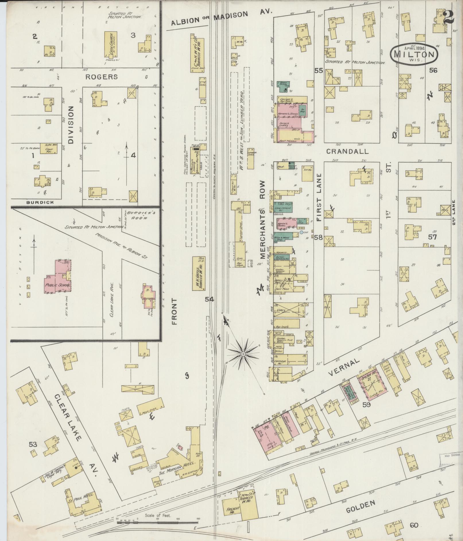 Sanborn Fire Insurance Map from Milton, Rock County, Wisconsin (1894), Sheet #0002 - Historic Sanborn Fire Insurance Map Print, vintage old map wall art, antique decor, genealogy gift, Wisconsin Wisconsin map
