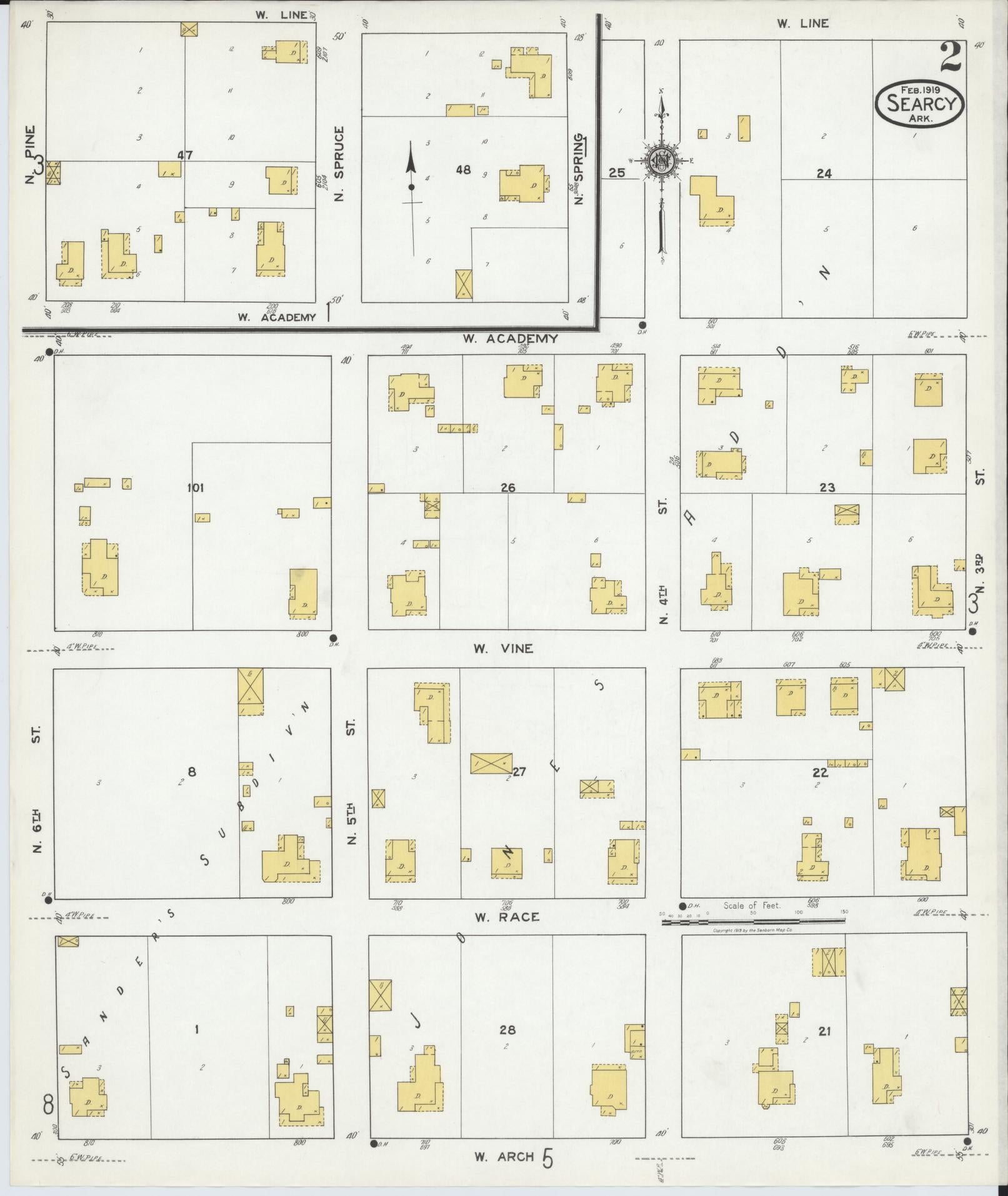 Sanborn Fire Insurance Map from Searcy, White County, Arkansas (1919), Sheet #0002 - Historic Sanborn Fire Insurance Map Print, vintage old map wall art, antique decor, genealogy gift, Arkansas Arkansas map