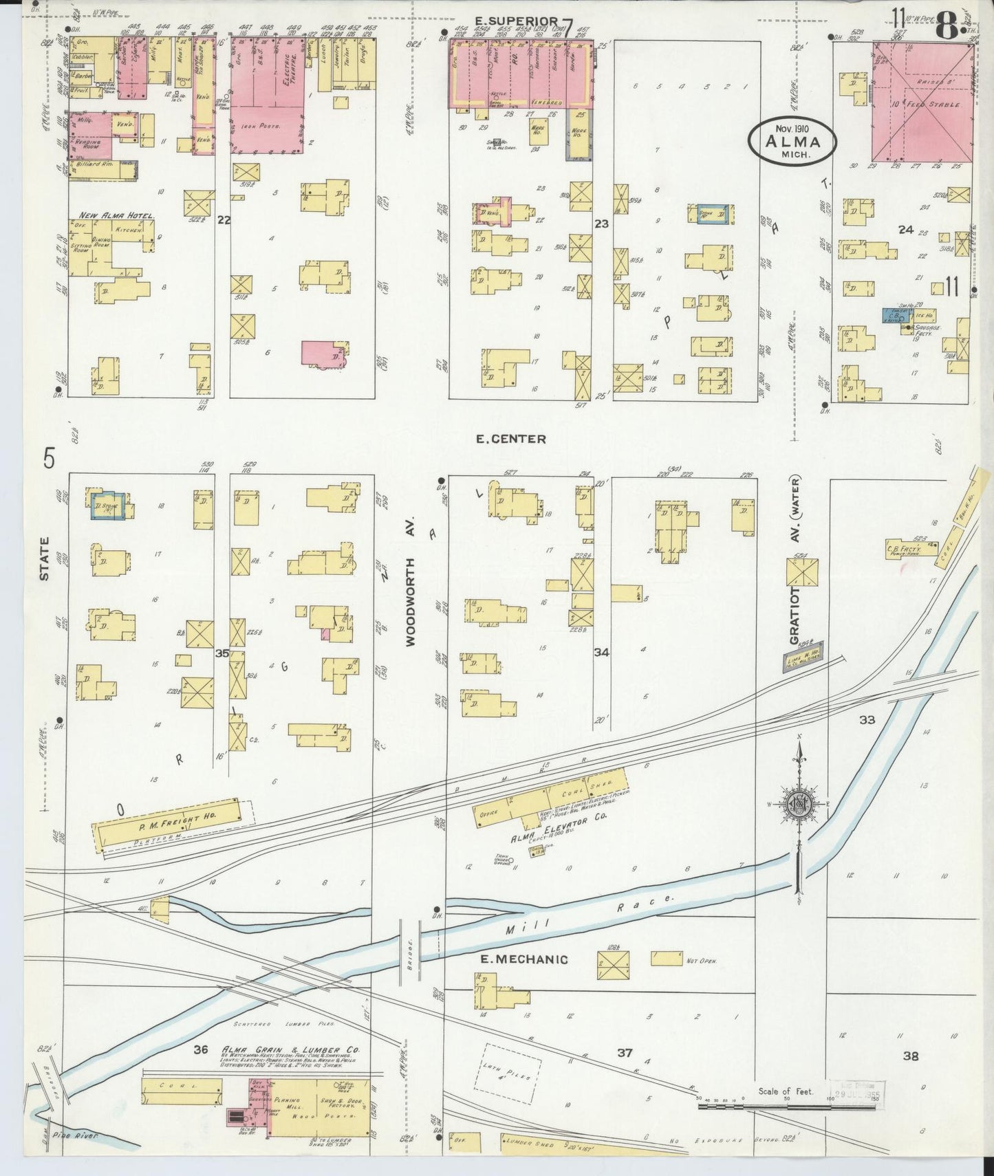 Sanborn Fire Insurance Map from Alma, Gratiot County, Michigan (1910), Sheet #0008 - Historic Sanborn Fire Insurance Map Print, vintage old map wall art, antique decor, genealogy gift, Michigan Michigan map