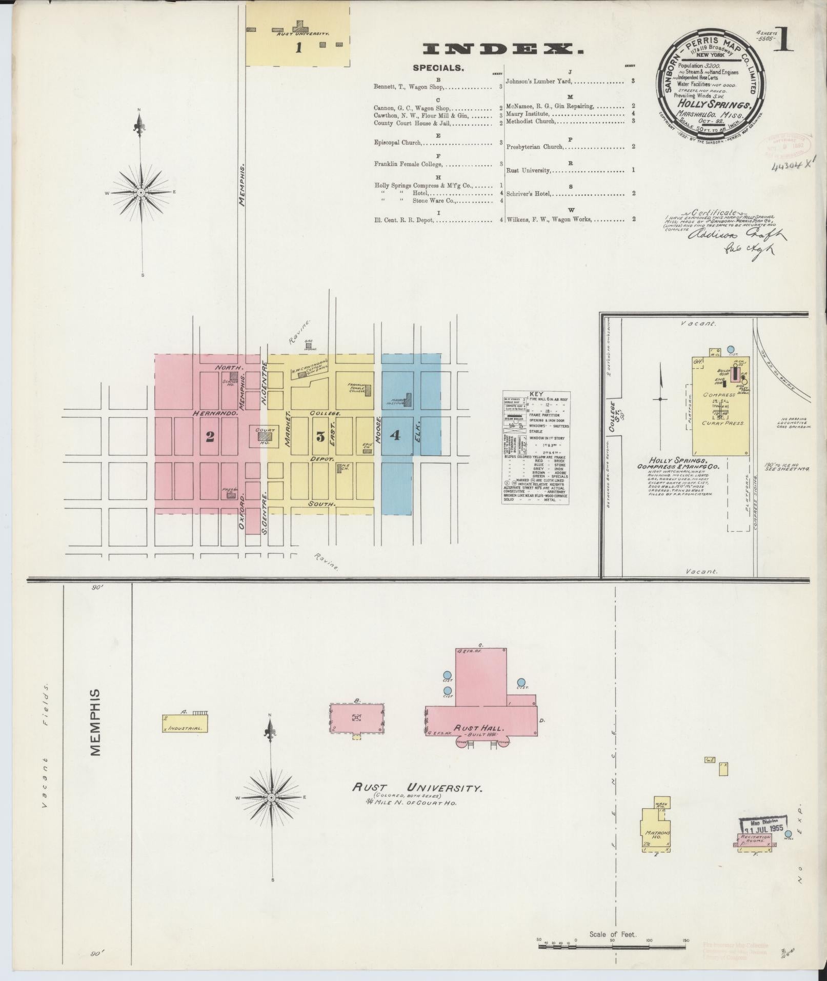 Sanborn Fire Insurance Map from Holly Springs, Marshall County, Mississippi (1892), Sheet #0001 - Historic Sanborn Fire Insurance Map Print, vintage old map wall art, antique decor, genealogy gift, Mississippi Mississippi map