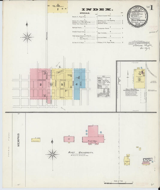 Sanborn Fire Insurance Map from Holly Springs, Marshall County, Mississippi (1892), Sheet #0001 - Historic Sanborn Fire Insurance Map Print, vintage old map wall art, antique decor, genealogy gift, Mississippi Mississippi map