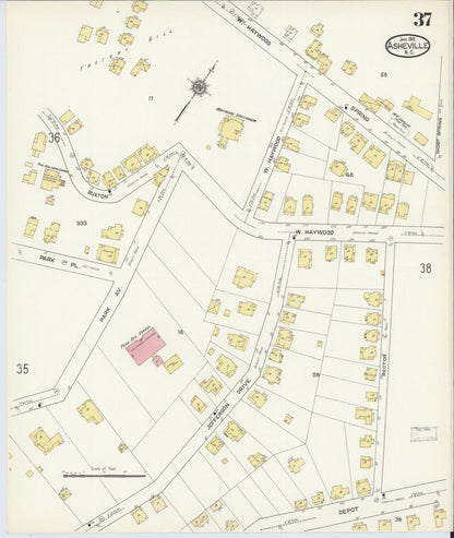 Sanborn Fire Insurance Map from Asheville, Buncombe County, North Carolina (1913), Sheet #0037 - Historic Sanborn Fire Insurance Map Print, vintage old map wall art, antique decor, genealogy gift, North Carolina North Carolina map