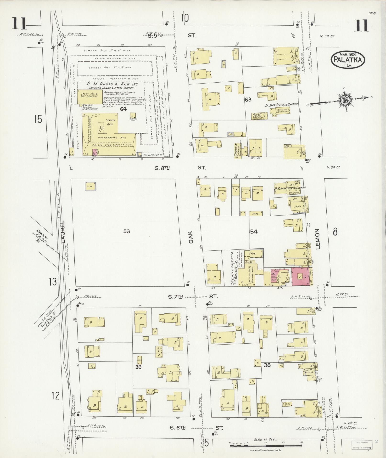 Sanborn Fire Insurance Map from Palatka, Putnam County, Florida (1924), Sheet #0011 - Complete Map Set gallery image, historic Sanborn map, vintage wall art, Florida Florida