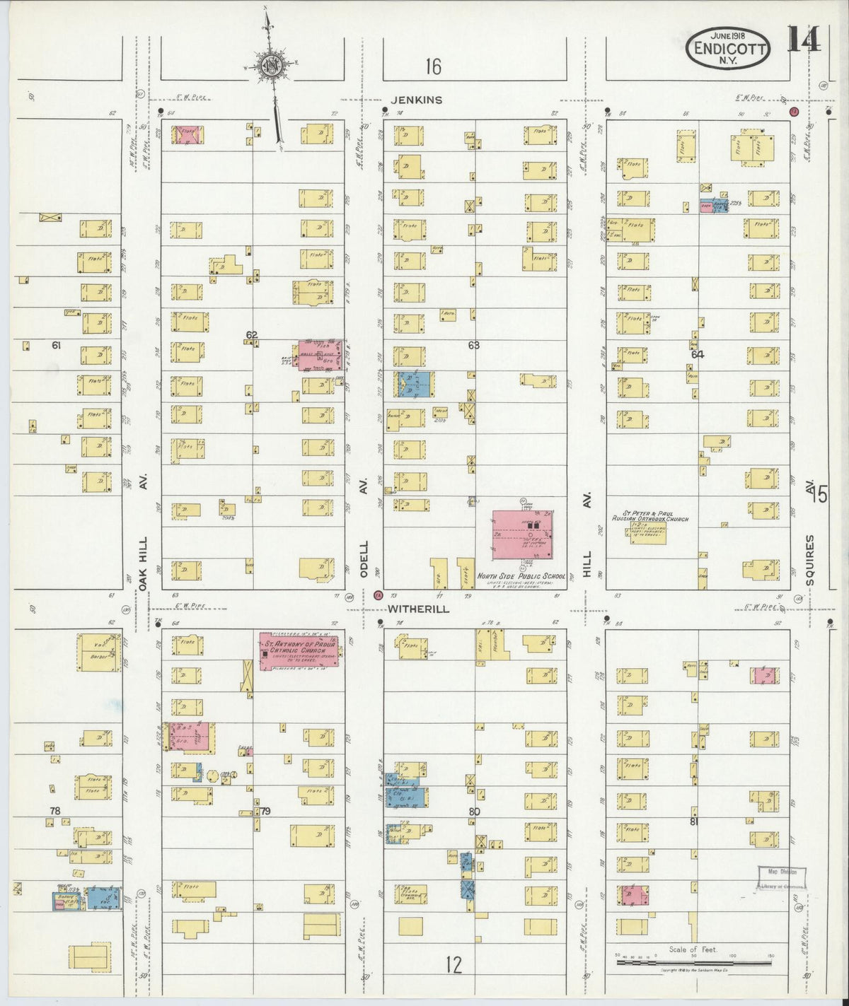 Sanborn Fire Insurance Map from Endicott, Broome County, New York (1918), Sheet #0014 - Historic Sanborn Fire Insurance Map Print, vintage old map wall art, antique decor, genealogy gift, New York New York map