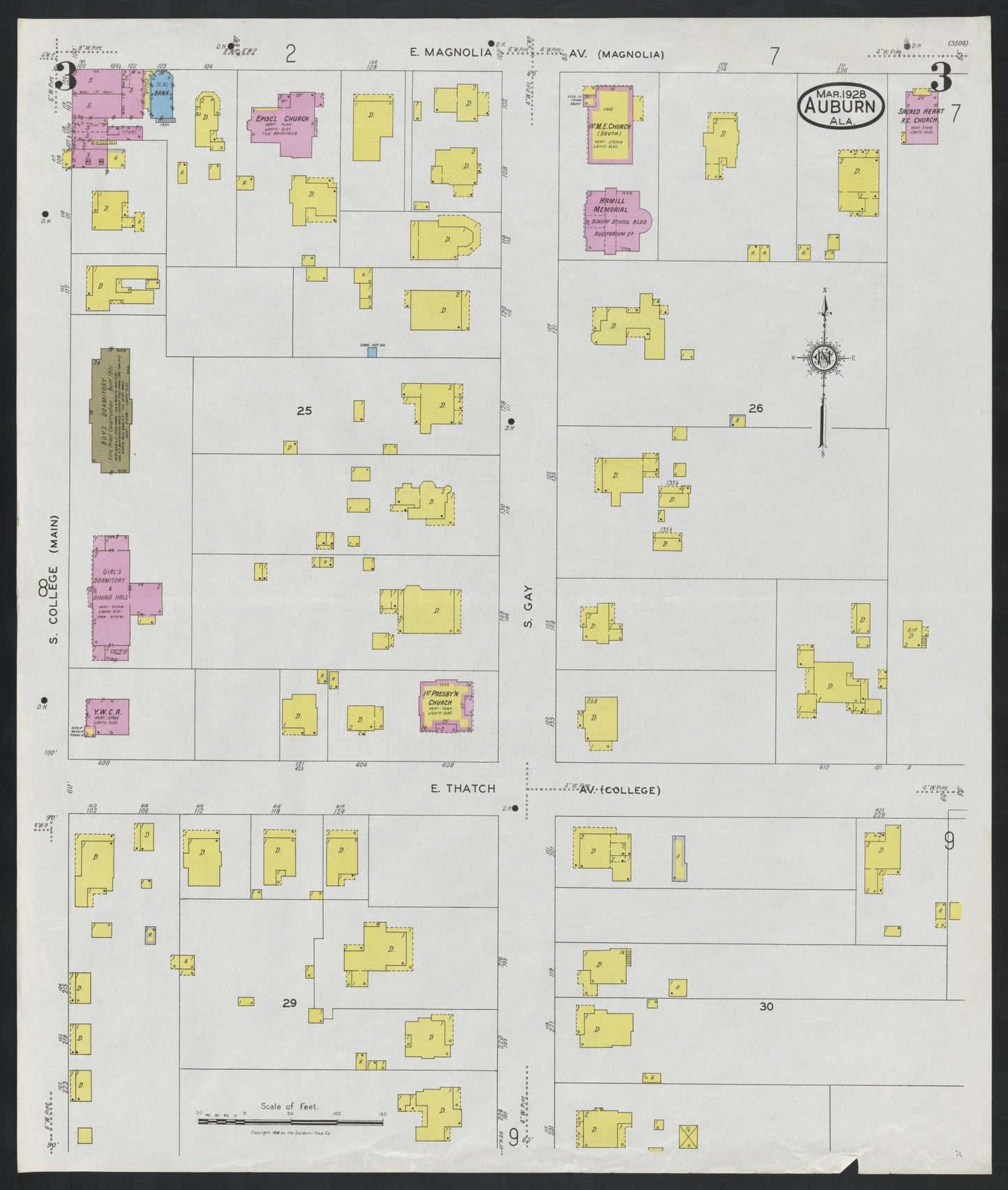 Sanborn Fire Insurance Map from Auburn, Lee County, Alabama (1928), Sheet #0003 - Historic Sanborn Fire Insurance Map Print, vintage old map wall art, antique decor, genealogy gift, Alabama Alabama map
