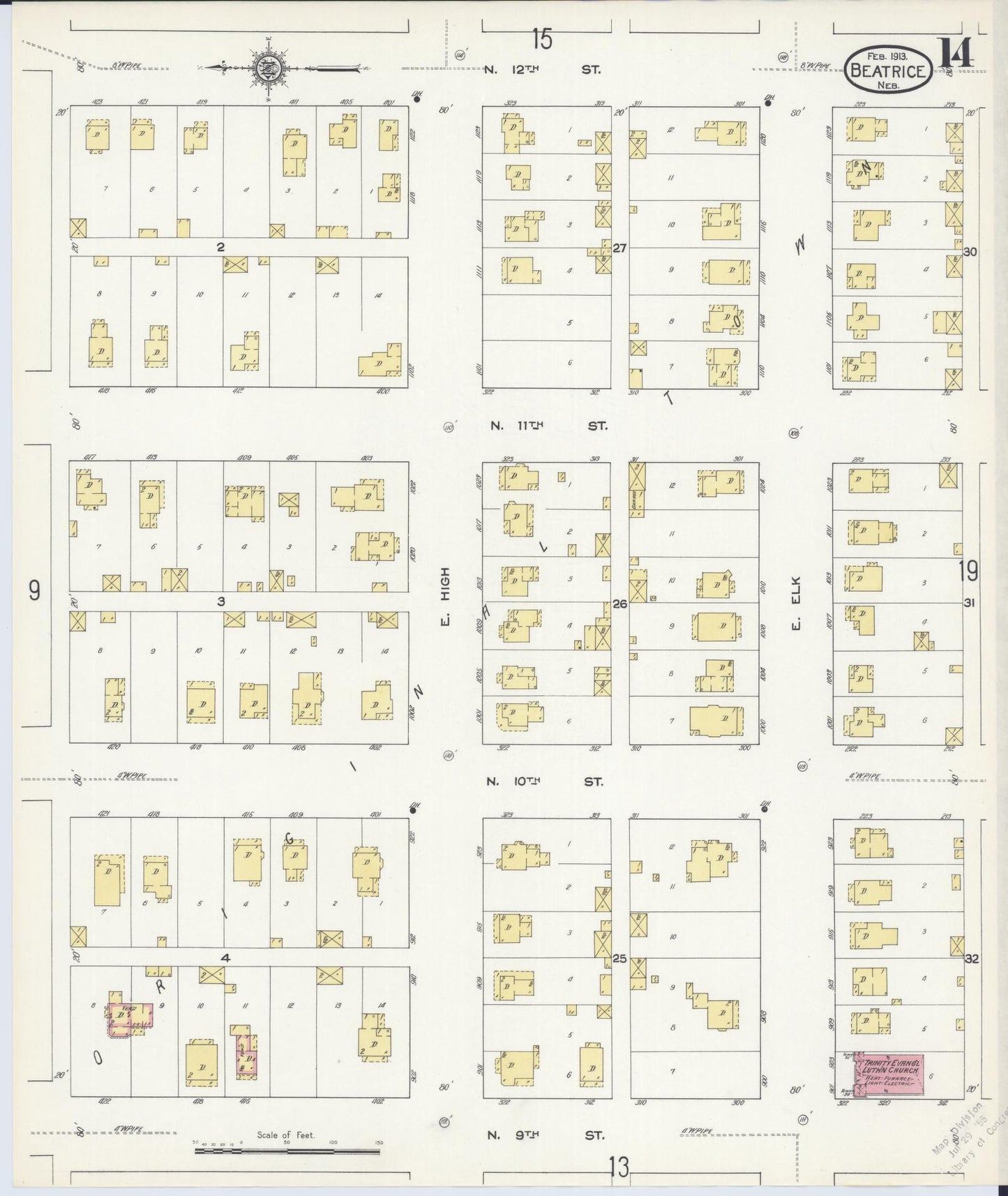 Sanborn Fire Insurance Map from Beatrice, Gage County, Nebraska (1913), Sheet #0014 - Historic Sanborn Fire Insurance Map Print, vintage old map wall art, antique decor, genealogy gift, Nebraska Nebraska map