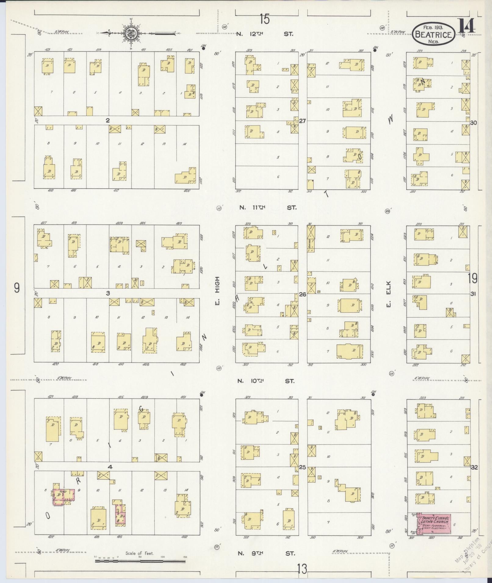 Sanborn Fire Insurance Map from Beatrice, Gage County, Nebraska (1913), Sheet #0014 - Historic Sanborn Fire Insurance Map Print, vintage old map wall art, antique decor, genealogy gift, Nebraska Nebraska map