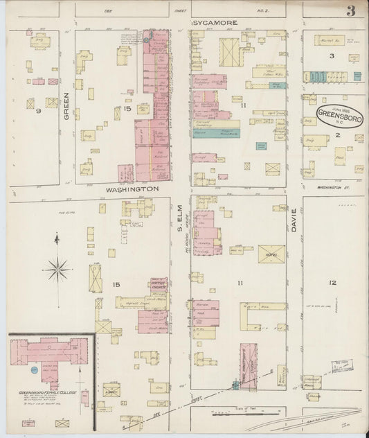 Sanborn Fire Insurance Map from Greensboro, Guilford County, North Carolina (1885), Sheet #0003 - Historic Sanborn Fire Insurance Map Print, vintage old map wall art, antique decor, genealogy gift, North Carolina North Carolina map